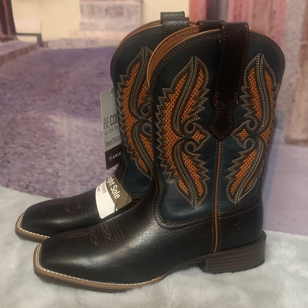 Ariat Men's Black and Tan Western Boots with Orange Accents